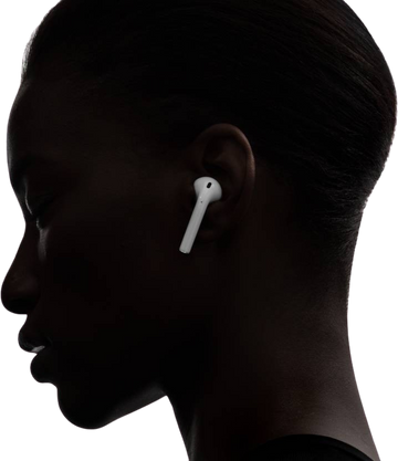 Black model using left InstantPods AirPod replacement for wireless listening